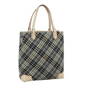 Burberry Nova Check Blue Label Tote Bag Canvas Navy Beige Silver